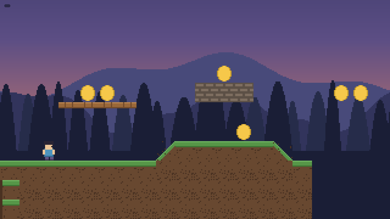 A pixel-art side-scrolling level with parallax bands behind a tiled platform.