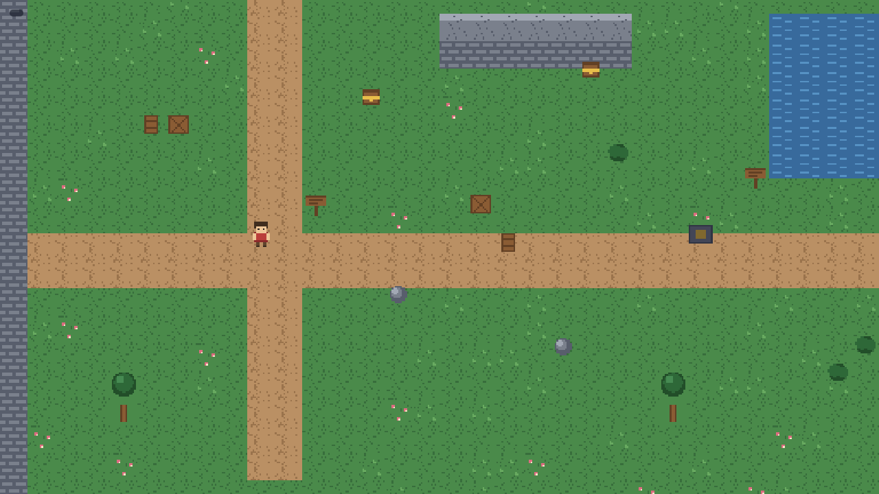 A top-down tilemap level with a character on a Y-sorted layer of props.